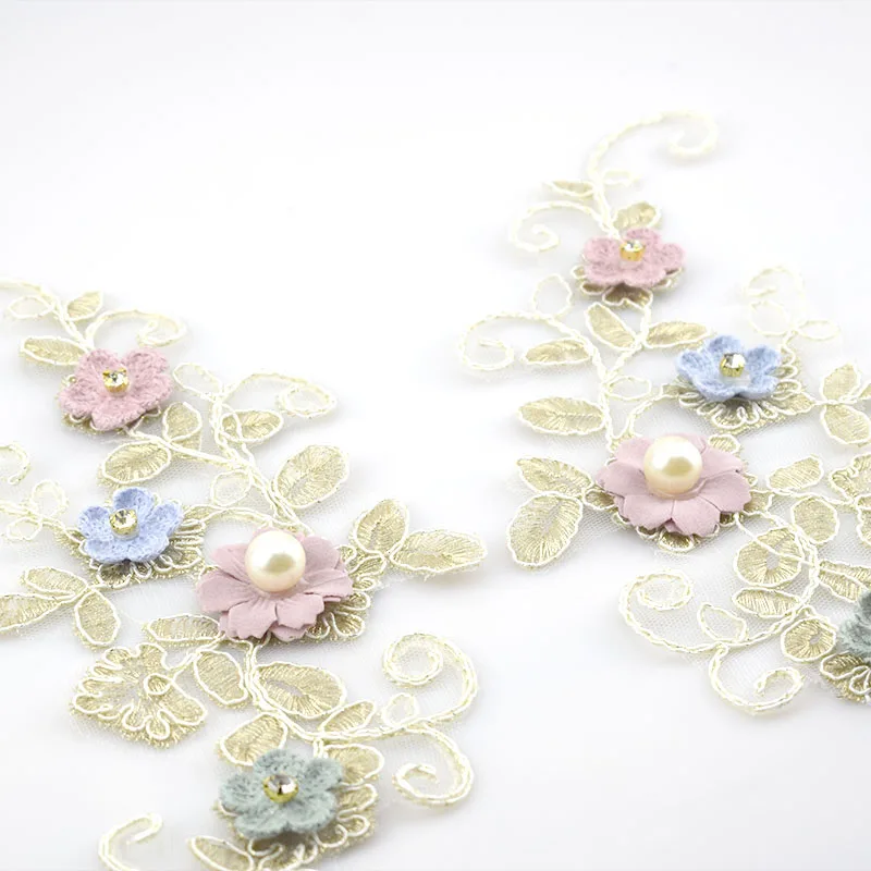 2Pcs Water Soluble Embroideried Lace Applique Gold Flower Bead Trims Wedding Decoration Dress DIY Sewinig AccessoriesKY2201 | Дом и сад