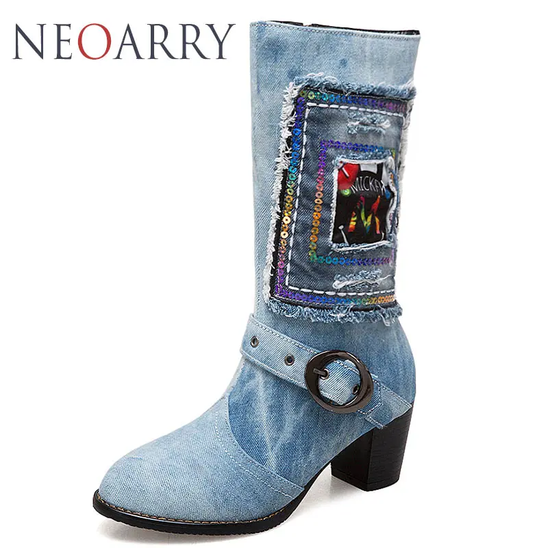 Neoarry Мода 2018 Для женщин обувь осень зима на высоком каблуке Zip Denim ботинки до