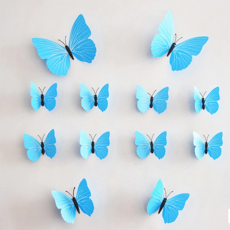 blue 12 шт. ПВХ 3d бабочка Настенный декор милые бабочки настенные наклейки художественные наклейки украшение дома комнаты стены искусства - Цвет: blue