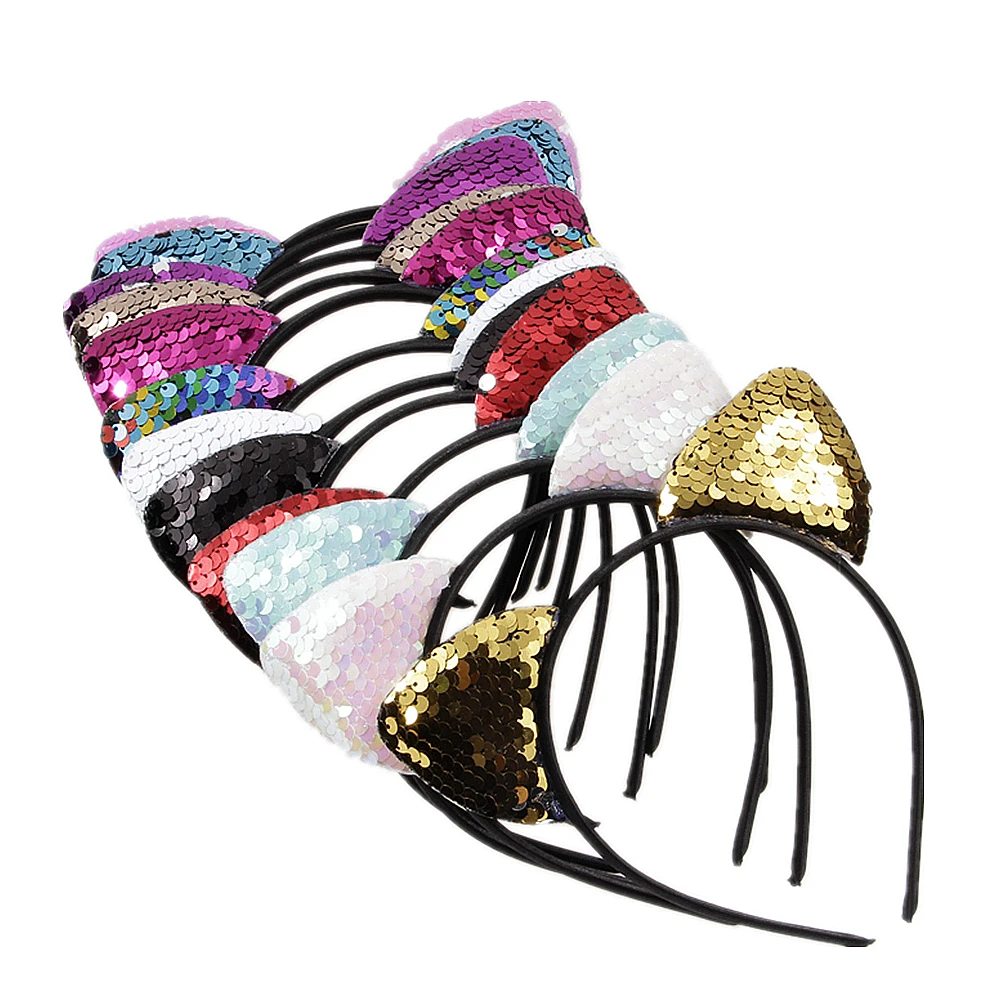 Yundfly New Glitter Can Flip Sequins Cat Ear Girl Hair Band Kids Baby Cute Cat Ear Hair Bands Halloween Headdress Gifts