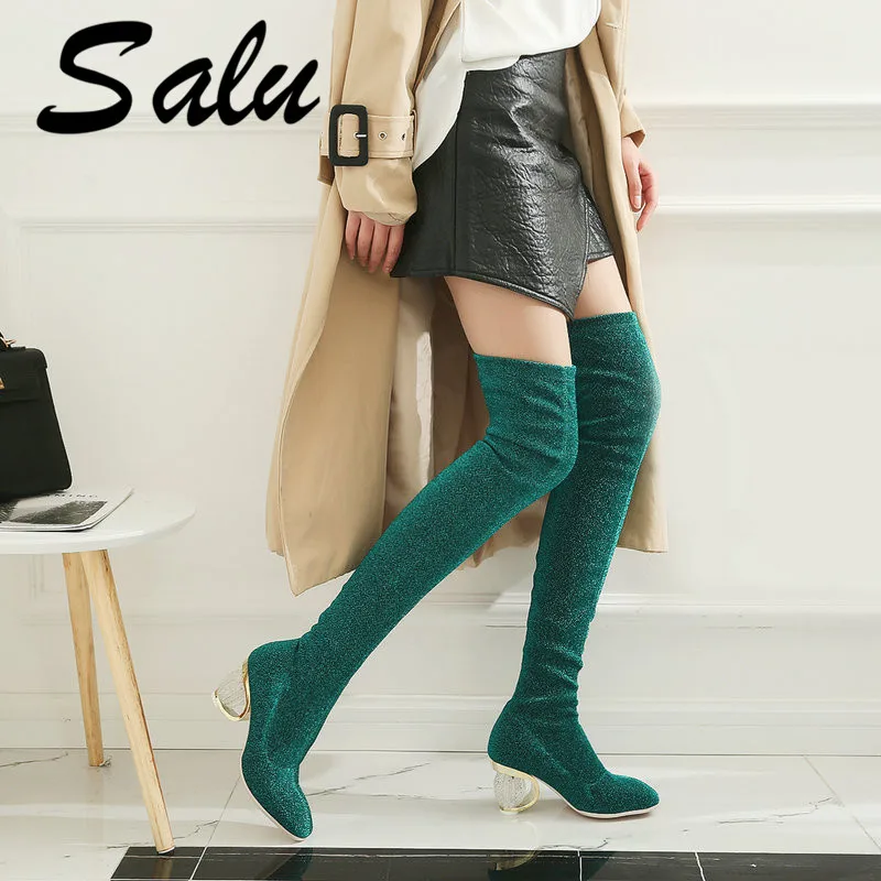 

Salu 2020 Stretch Women Shoes Thigh High Boots Stilettos Sexy Over The Knee Boots Pointy Toe High Heel Long Boots Black Gold Red