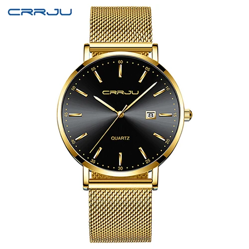 gold black CRRJU Классический Бизнес розовый сетчатый ремень Стильные кварцевые часы мужские водонепроницаемые Дата Relogio Masculino Прямая поставка 2161 синий циферблат - Цвет: gold black