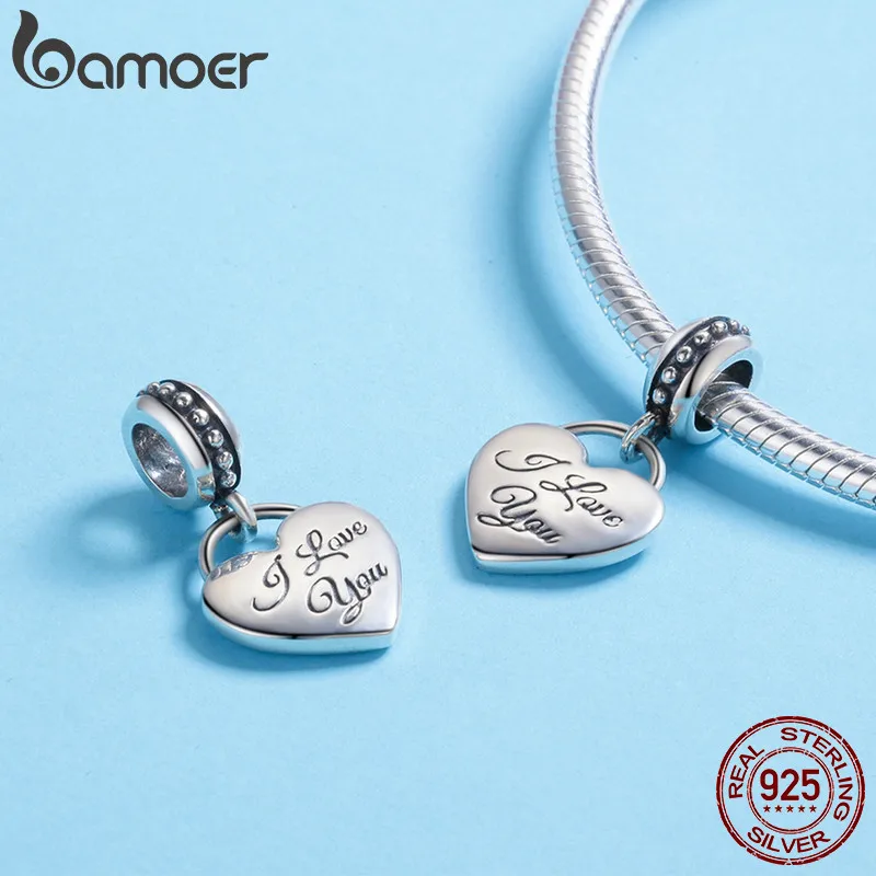 BAMOER 925 пробы Серебряный кулон с надписью I Love You, подвеска в виде сердца, очаровательный браслет, ювелирное изделие, подарок на День святого Валентина для мамы SCC539