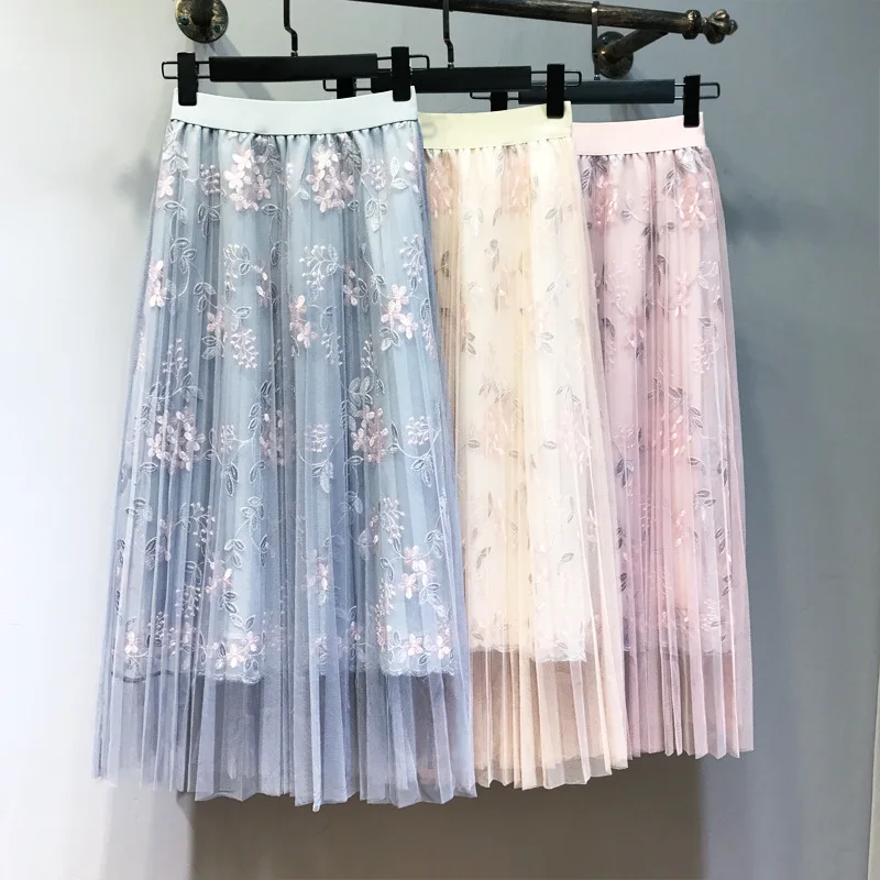 

2018 Summer New Women Embroidered Mesh Skirt Office Lady Elegant Long Tulle Skirt A-Line High Waist Fashion Korean Skirt Faldas