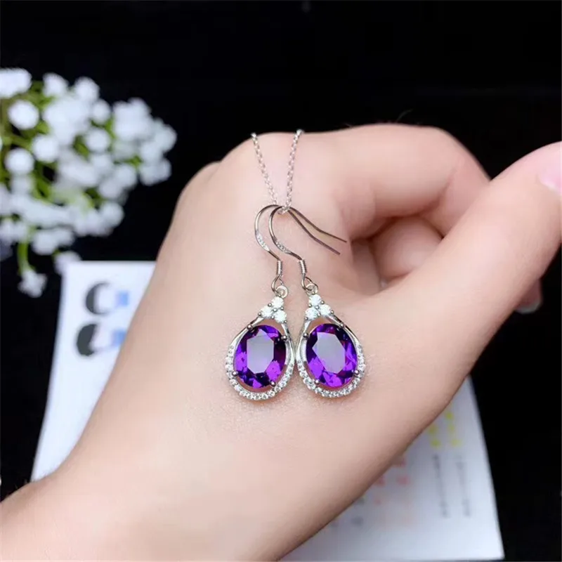 

100% Natural Purple Amethyst Drop Earrings For Women Lady Love Gift 8x10mm Beads 925 Silver Sterling Fashion Earrings Jewelry