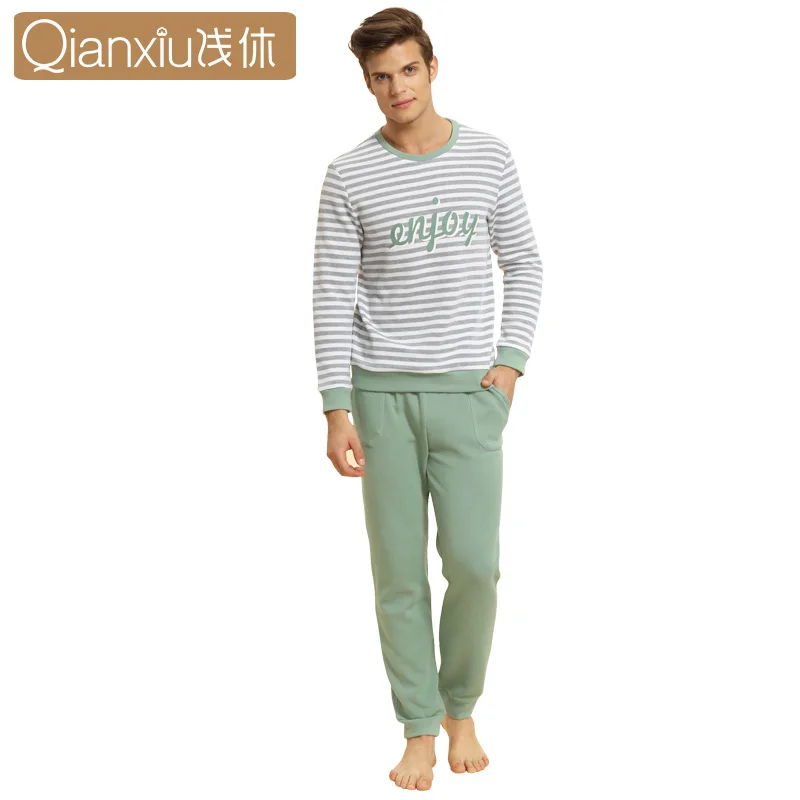 

Qianxiu Pajama Suit For Men Knitted Cotton Home For Man ComfortableClassic Stripes Casual Lounge Wear 1550