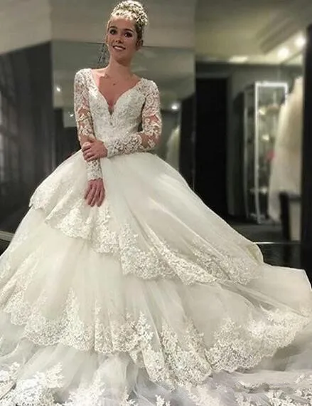 Винтаж Бисером Аппликации Свадебные Платья Уровни Длинные Рукава 2017 White Lace
