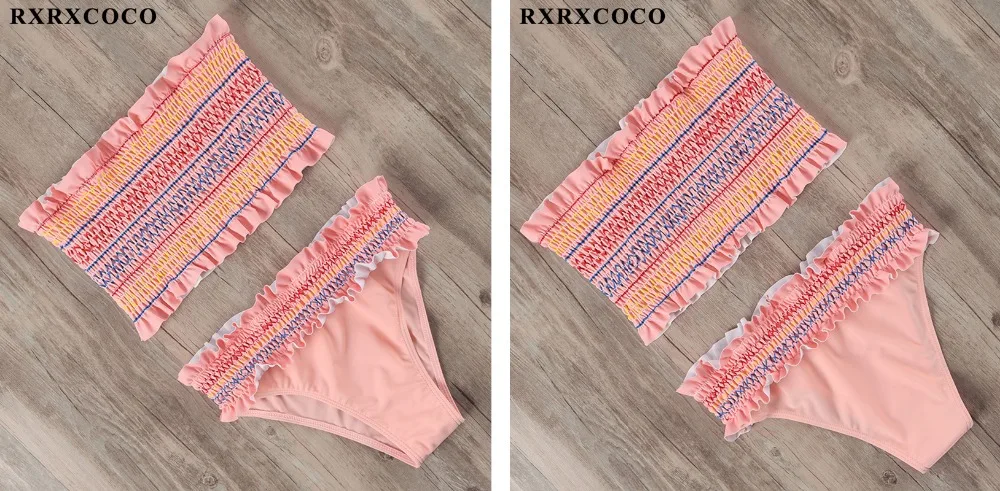RXRXCOCO купальники для женщин купальник Smocking бикини с высокой талией набор бикини напечатан летний купальник с рюшами пляжная одежда