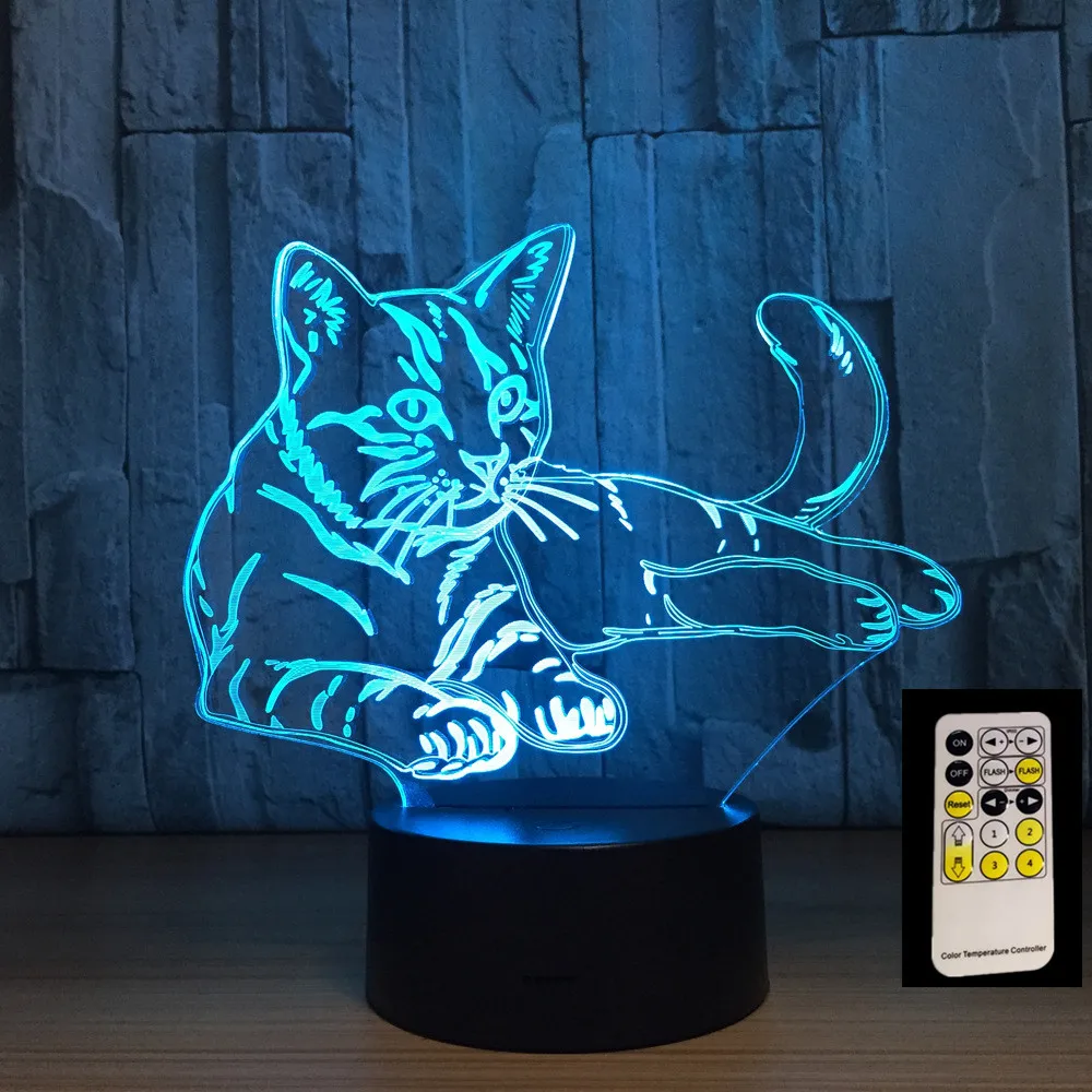 Пульт дистанционного управления лежащий Кот 7 цветов 3D светодиодный ночник USB 3AA