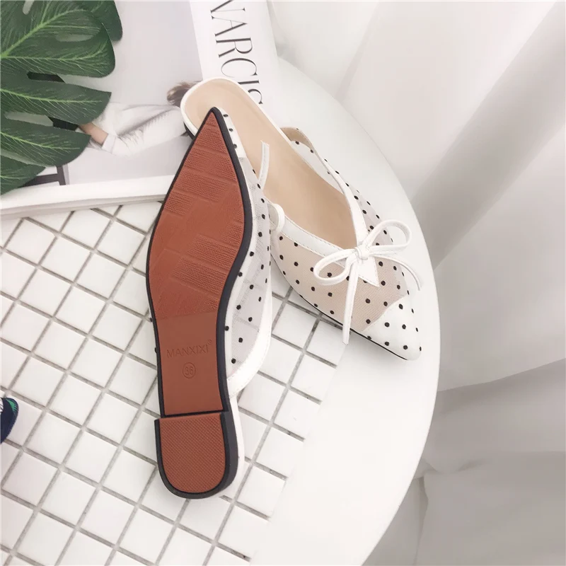2019 летние милые женские туфли без задника на плоской подошве с бантиком Цвет