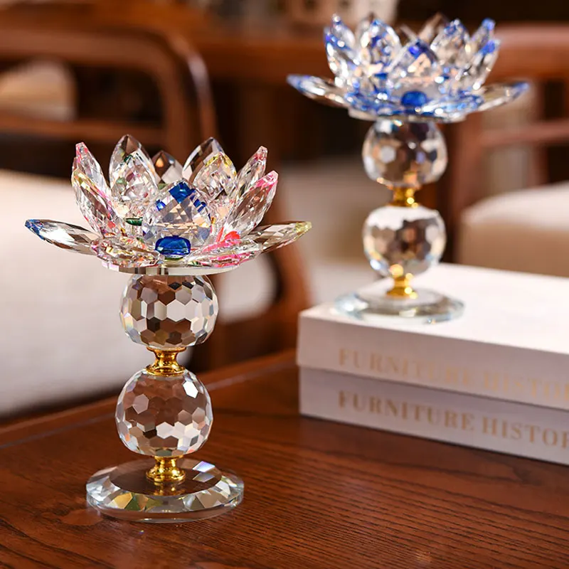 7 colors Crystal Glass Lotus Flower Metal Candle Holders Feng Shui Home Decor Big Tealight Candle Stand Holder Candlestick Decor