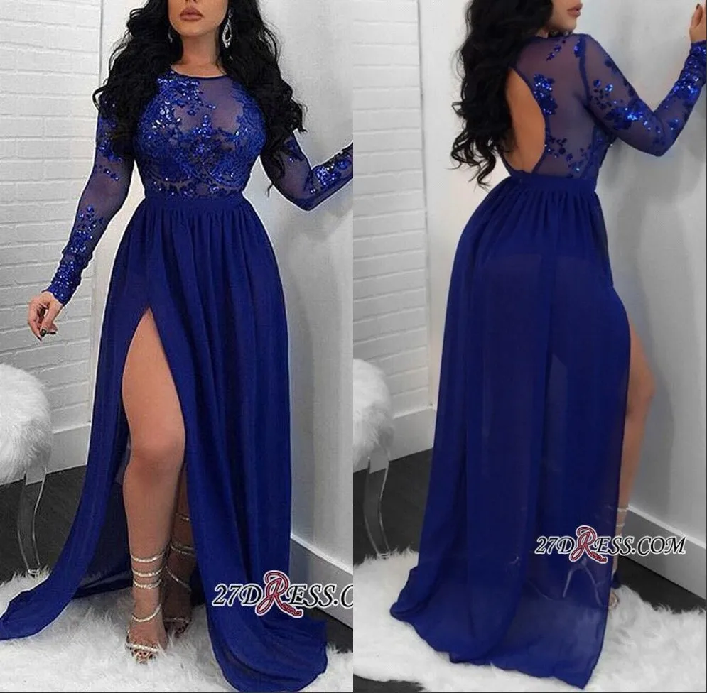 Vestidos de festa пикантные с разрезом сбоку Королевская Синяя длинные рукава платья для