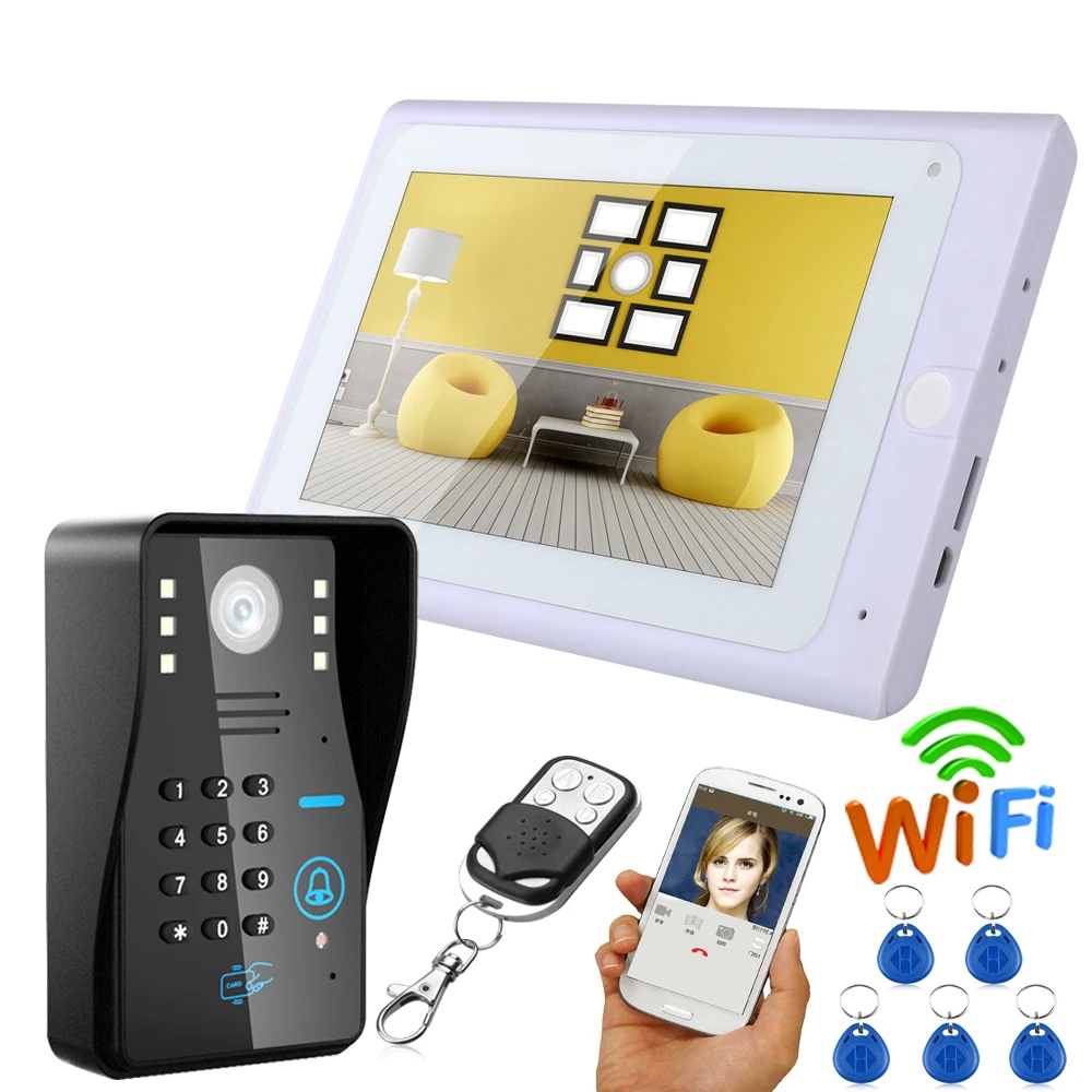 7 &quotпроводной/беспроводной Wifi RFID пароль видео дверной звонок Домофон с IR CUT HD1000TVL