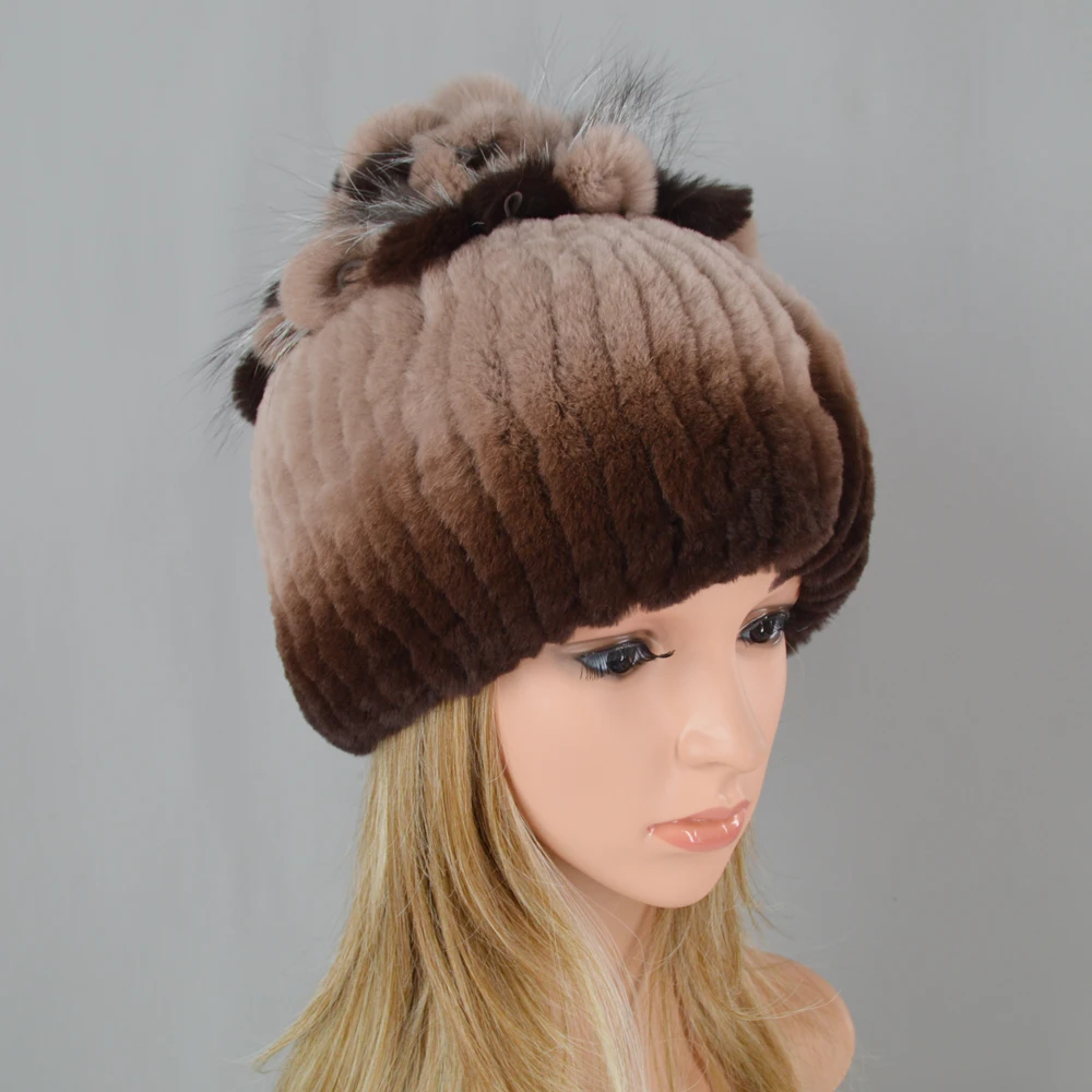 Женские вязаные из натуральной шапка меха кролика рекс Популярные зимние