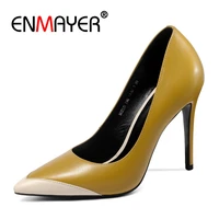 enmayer genuine leather pointed toe casual slip on shoes woman zapatos mujer tacon sexy heels size 34 39 zyl2559