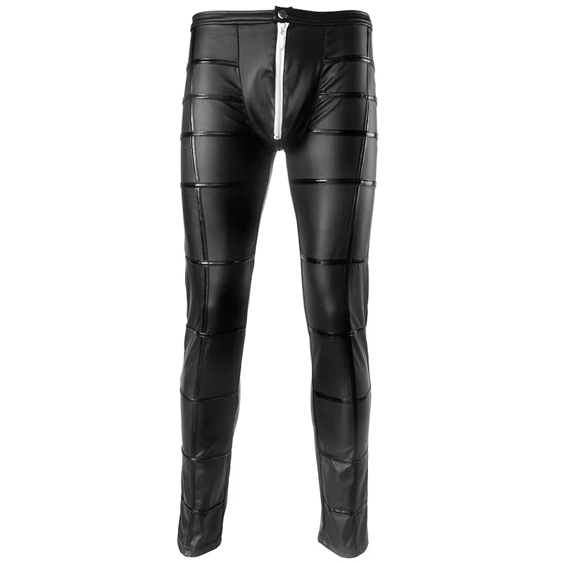 Wetlook/черные мужские облегающие брюки из искусственной кожи на молнии с шаговым