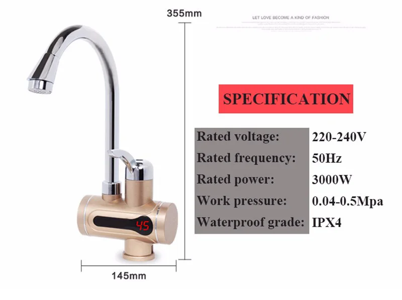 EU Plug Gold Faucet Water Heater Kran Instant Tankless Hotwater Boiler Kraan Kitchen Heating Crane With LED Light Kocher Bib Tap