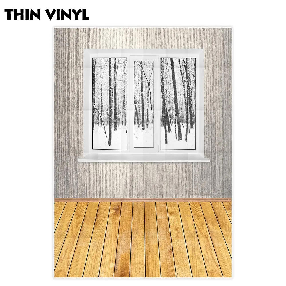 Фон для фотосъемки с белым окном в снежную погоду коричневый деревянный пол