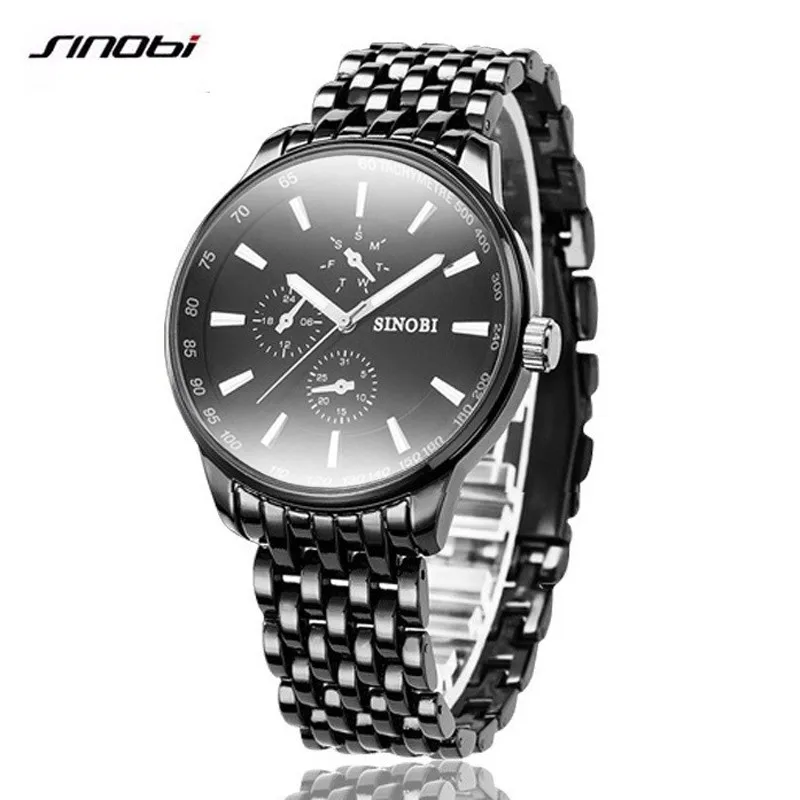 SINOBI кварцевые часы мужские черные s лучший бренд Роскошные полностью стальные