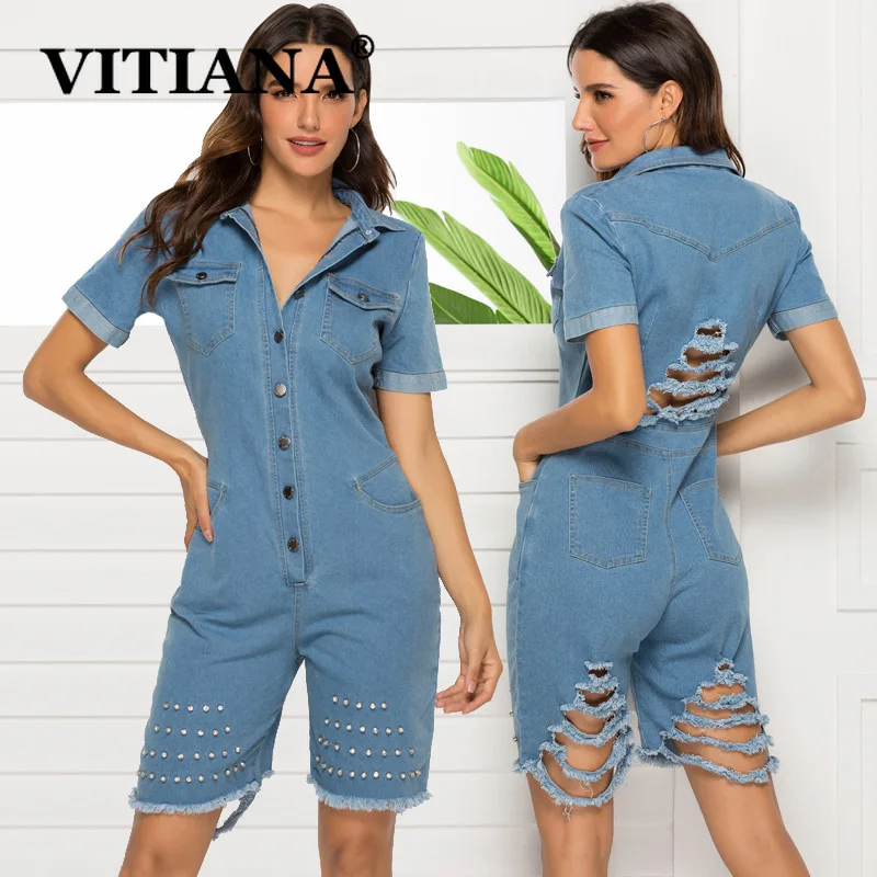 VITIANA Women Casual Denim Playsuits Summer 2019 Female Short Sleeve Pockets Buttons Hollow Out Playsuit Streetwear Rompers|Комбинезоны c