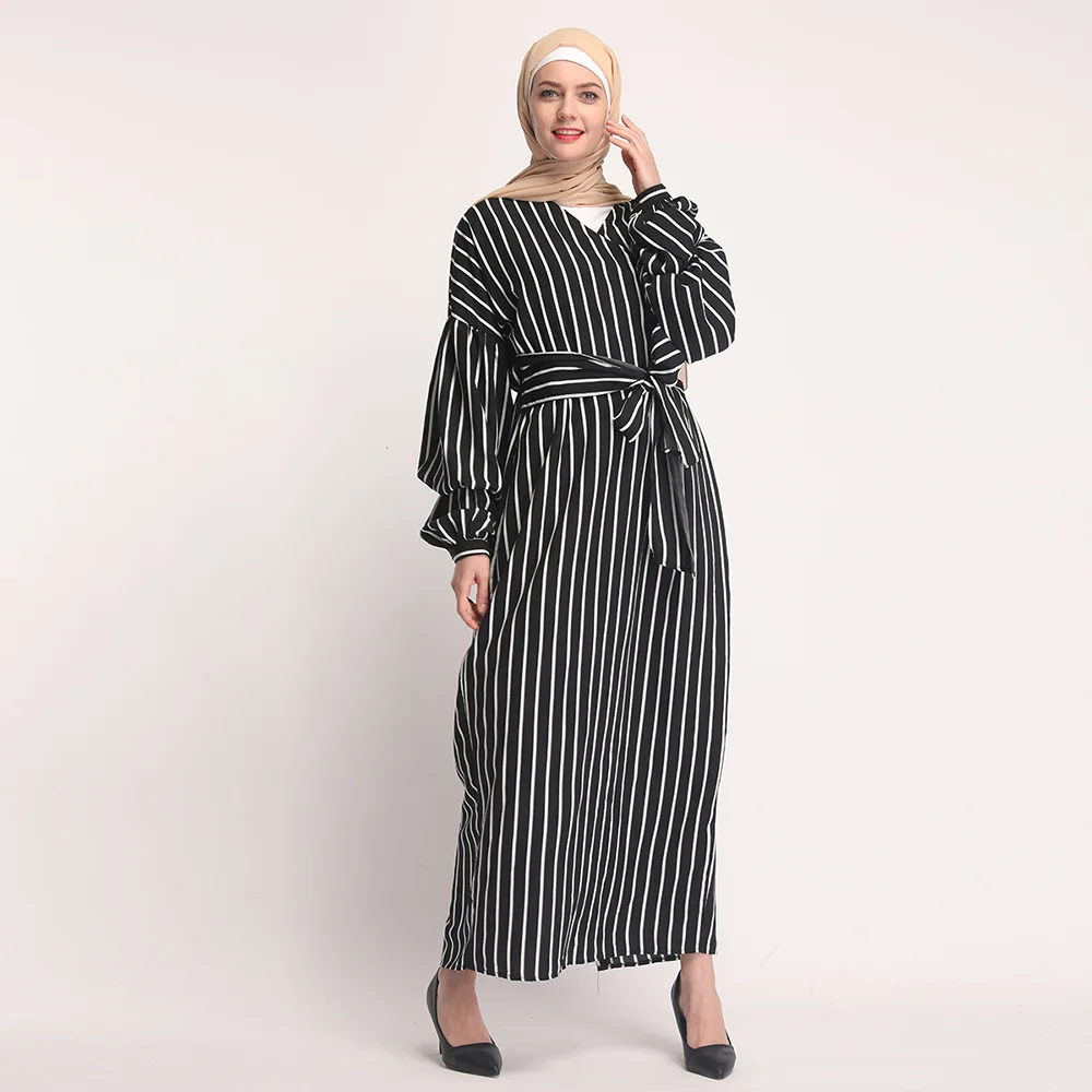 Женское мусульманское платье в черно белую полоску Caftan Dubai Ramadan Abayas турецкая