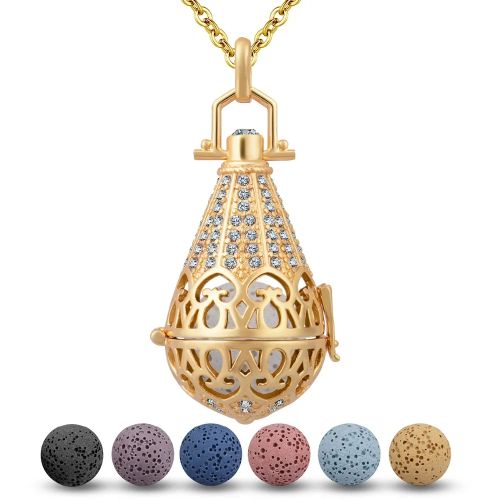 EUDORA Copper Plated Gold Water Drop Pendant Necklace 16mm Crystal Locket Cage with Volcanic Lava Stone Ball Women K113G | Украшения и