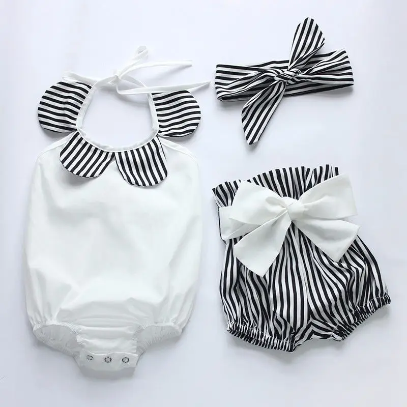 

Newborn Baby Girl Bodysuit Sleeveless Tops + Striped Shorts Headband 3pcs Bottoms Outfits Sunsuit UK Cute Baby Girl Clothing