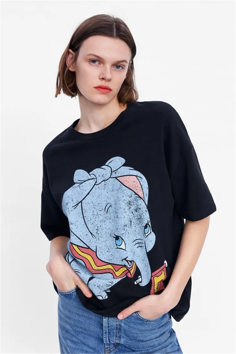 Dumbo женская футболка с принтом Футболка с животными Kawaii футболка смешной короткий рукав футболки женские чисто черные топы женские ZR