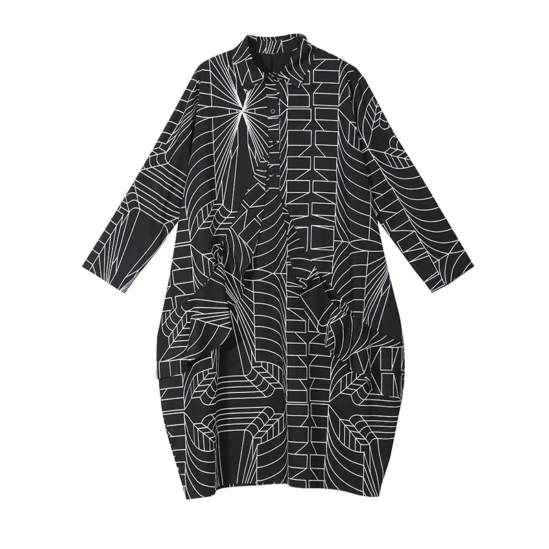 4703 Black Корейский стиль, женское свободное платье размера плюс, черное платье-рубашка с длинным рукавом, Полосатое Платье с принтом, Повседневное платье миди для вечеринок, платье 4703 - Цвет: 4703 Black