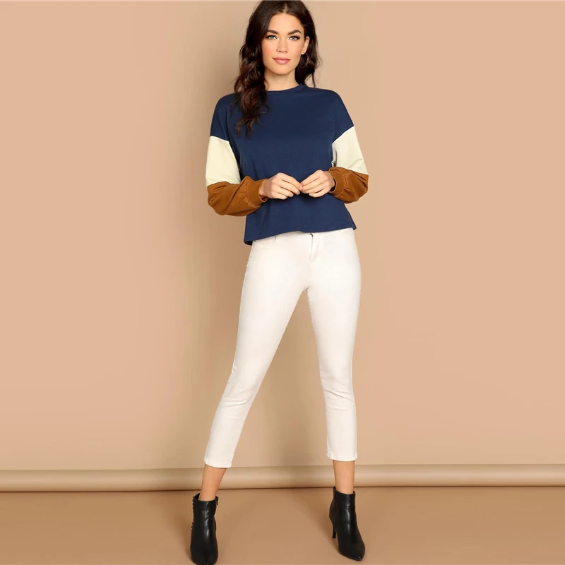 Dotfashion толстовка с цветным блочным рукавом Женская Повседневная осенне-зимняя одежда года шеврон с длинным рукавом женские свитшоты пуловер