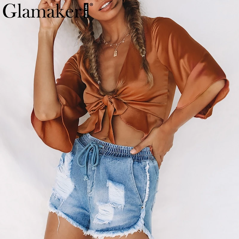 Женская блузка Glamaker белая бандажная с рукавом фонариком и оборками для фитнеса