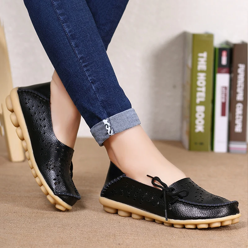 Black Flats Women Genuine Leather Shoes Woman Autumn Flat Shoes Women Loafers Slip On Moccasins Sapatos Feminino Casual Shoes - Color: Black