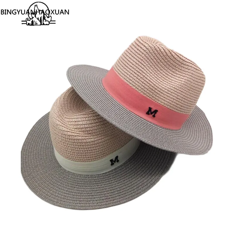 

BINGYUANHAOXUAN 2017 Sale Hot Summer Sun hats for Women M letter Wide ladies Straw Hat Beach Vacation Girls Panama hat