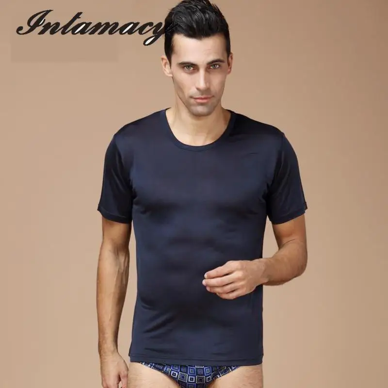 Мужская 100% натуральная шелковая вязка футболка Летняя мужская рубашка большого