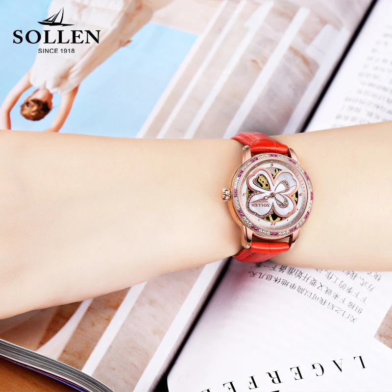 Orologio Donna Элитный бренд SOLLEN Скелет Для женщин часы в форме счастливого клевера для