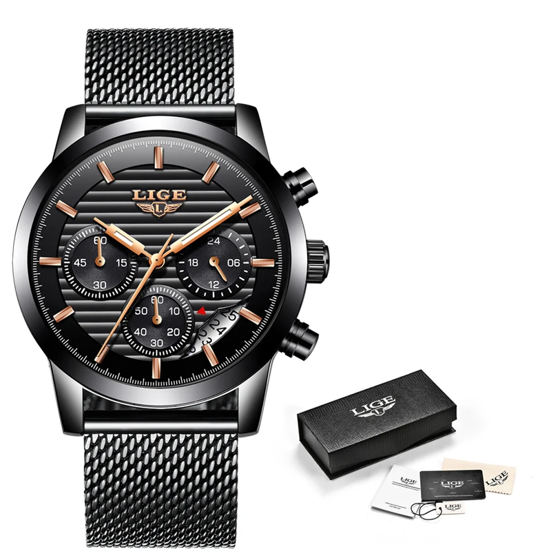 LIGE часы Мужские кварцевые повседневные модные с сетчатым ремешком спортивные
