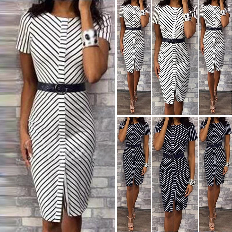 Women Dress Ladies Bodycon Fashion Business Pencil Formal Short Sleeves Stylish Round Neck Stripes Knee Length | Женская одежда