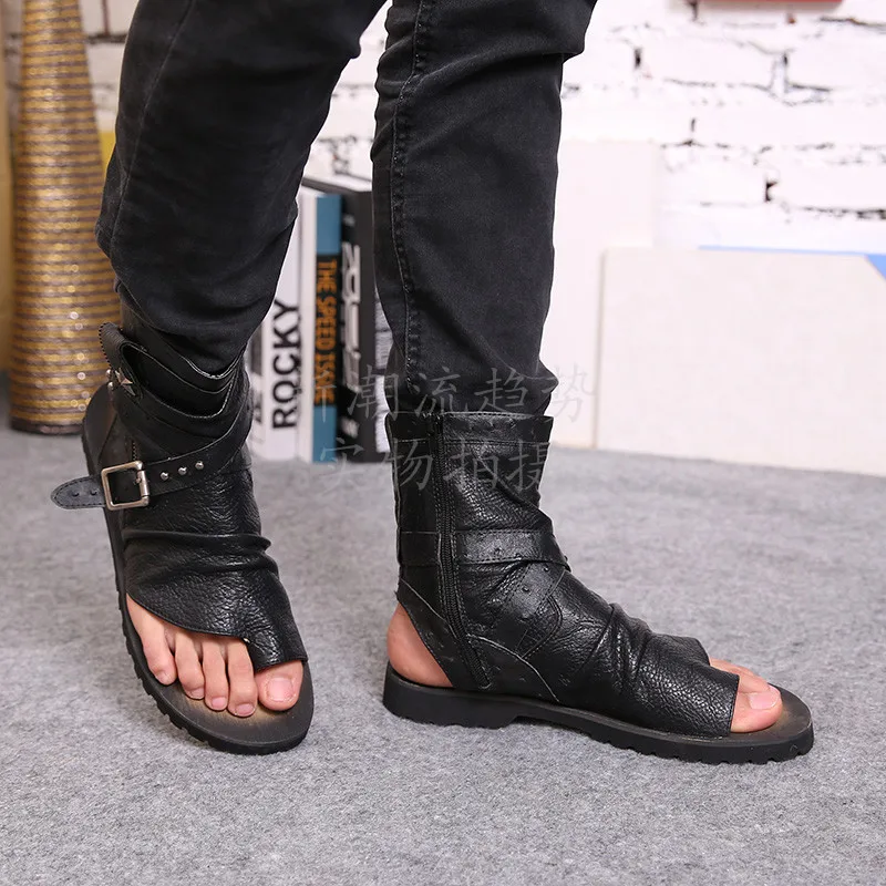 

2016 Hot selling summer beach shoes men's sandals black real leather flip-flops Rome style man cool high top sandals