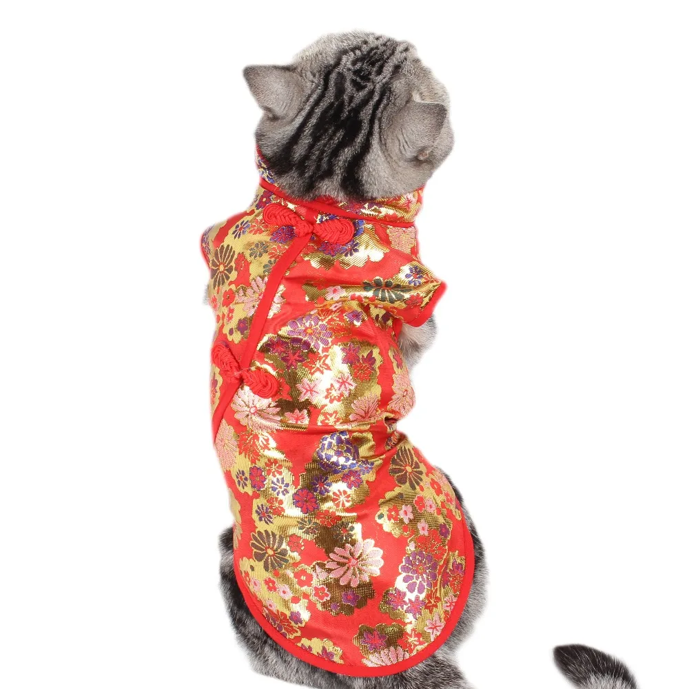 Красная Собака Кошка Cheongsam гобелен атласный цветочный китайский стиль платья для