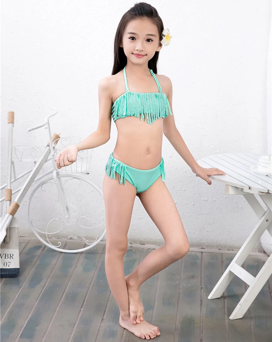 Ms. Shang От 7 до 16 лет, детская одежда для купания, детский купальный костюм для девочек, комплект бикини для маленьких детей, бикини,, купальный костюм для девочек с кисточками