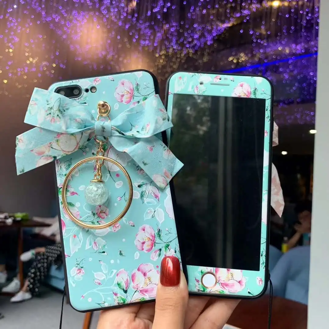 case and flim strap Для iPhone XS Max 3D Цветочный чехол для телефона+ пленка для экрана из закаленного стекла для iPhone X XR 7 8 6s Plus задняя крышка+ стеклянная пленка+ ремни - Цвет: case and flim strap