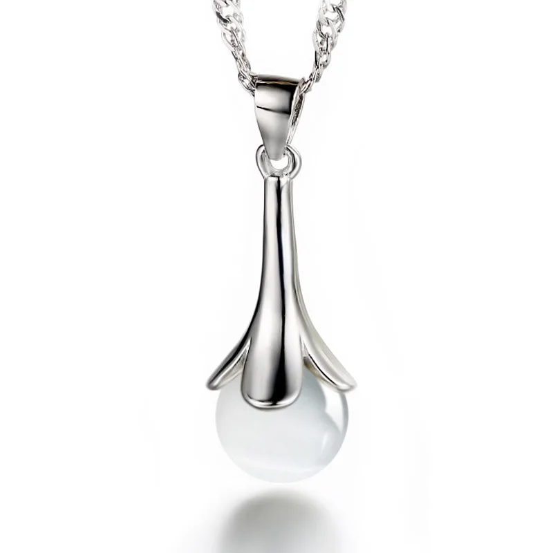 

100% 925 Sterling Silver New Fashion Opal Gem Frower Design Pendant Necklaces for Women Water-Wave Chain Jewelry Gift Wholesale