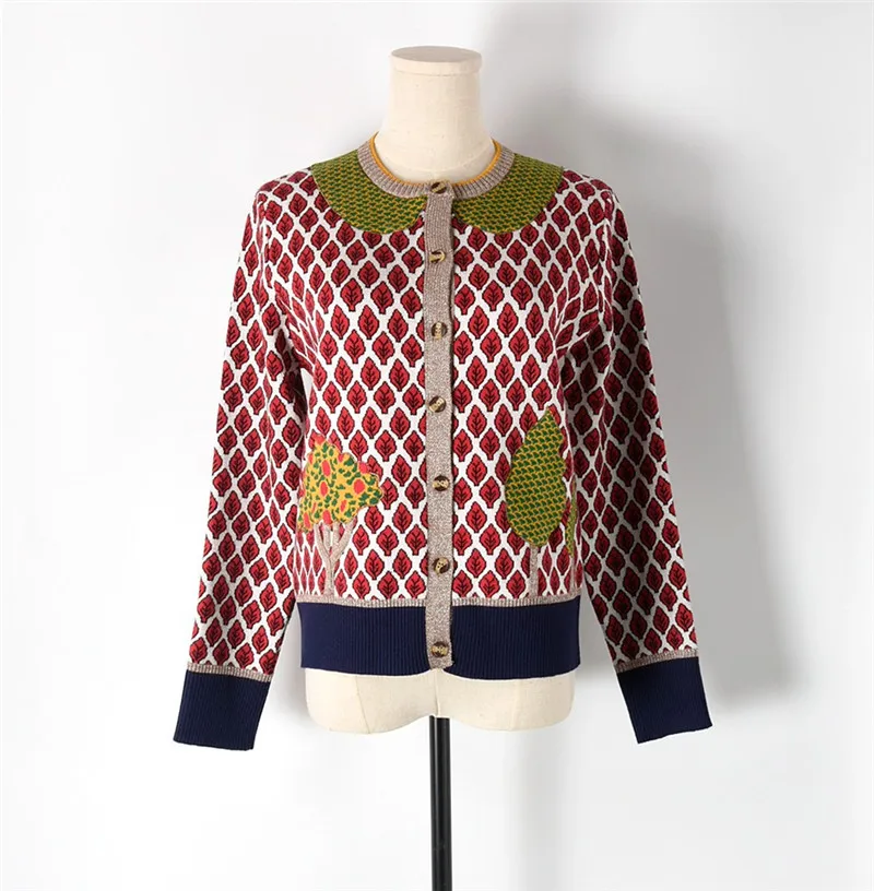 

2020 Runway Cardigans Autumn Sweater for Women Luxury Designer Jacket Long Sleeve Leaves Trees Knitted Pattern Tops Female