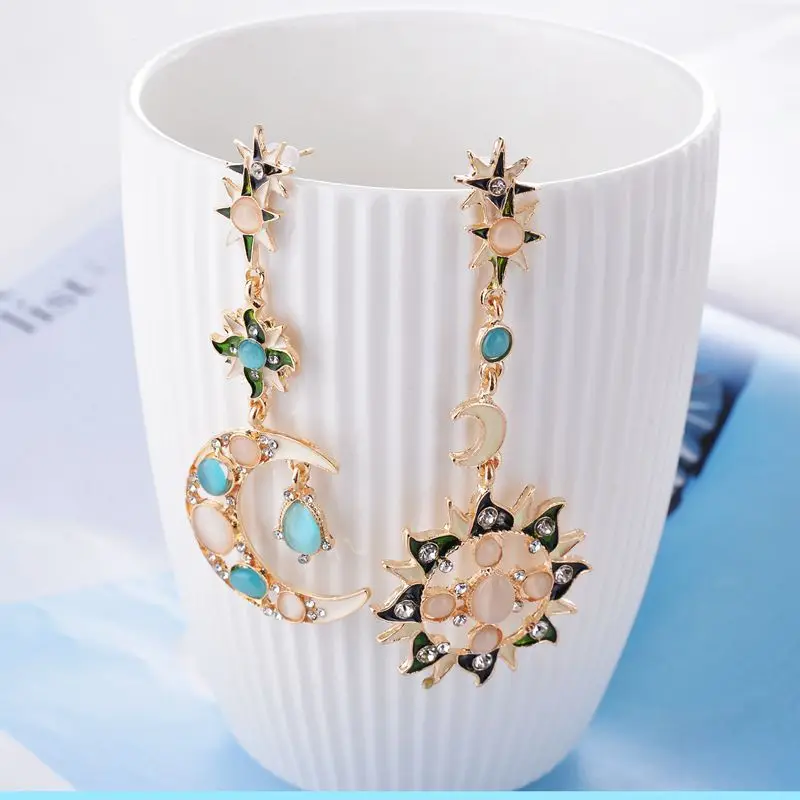Женские и женские модные серьги Стразы звезда Солнце Луна большая зеленая