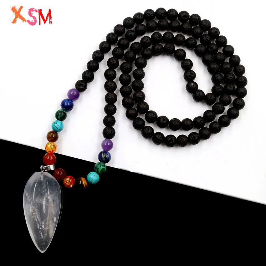 Natural White Rock Crystal Irregular Pendant Black Lava Volcanic Stone Beads 7 Chakra Long Necklace Women Charm Jewelry | Украшения и