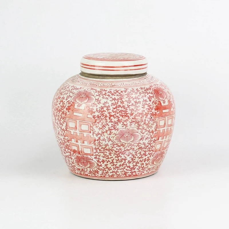 RYVM26 Flat lid red color hand drawing double happy Chinese wedding porcelain jar | Дом и сад