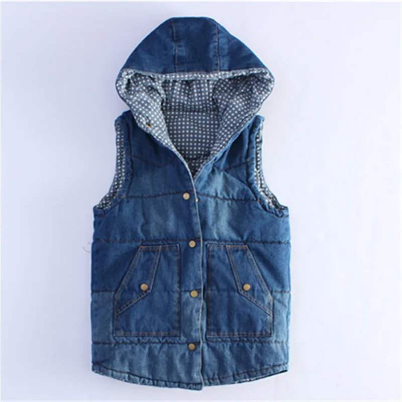 denim blue Женский джинсовый жилет, осенняя мода, новое пальто, короткое, уплотненное, свободное, без рукавов, жилет, зимний, с капюшоном, большой размер, хлопок, жилет, куртка JIA115 - Цвет: denim blue