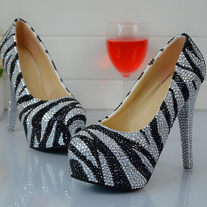 

Round Toe Zebra Crystal Closed Toe Party Shoes Silver and Black Rhinestone Wedding Bridal Shoes High Heel For Lady Evening Pump