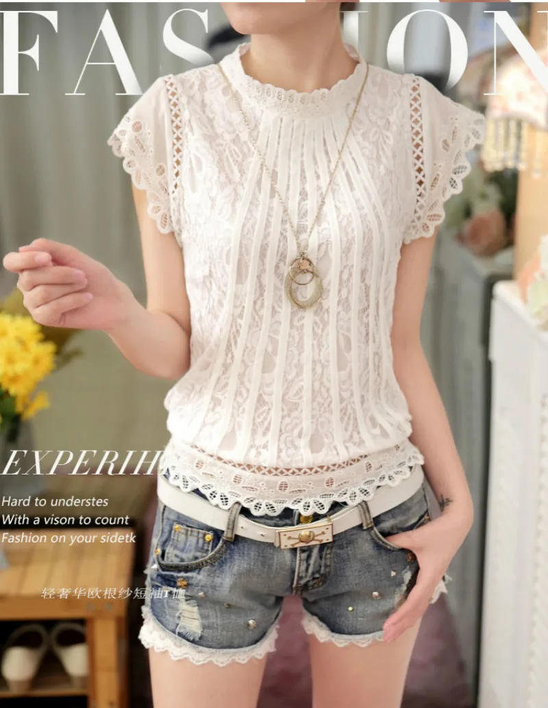 

2018 new spring Fashion Style Women Blouses Loose Short sleeved Floral Lace Tops Chiffon O-neck Plus Size Shirts 01C 35