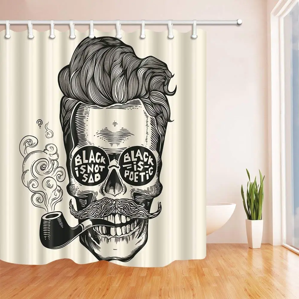 Vintage Engraving Bath Curtain Hipster Skull Silhouette with Mustache Polyester Fabric Waterproof Shower for Bathroom | Дом и сад